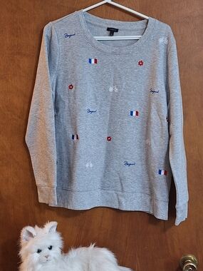 Talbots Light Gray Embroidered Sweatshirt with Red & Blue Accents